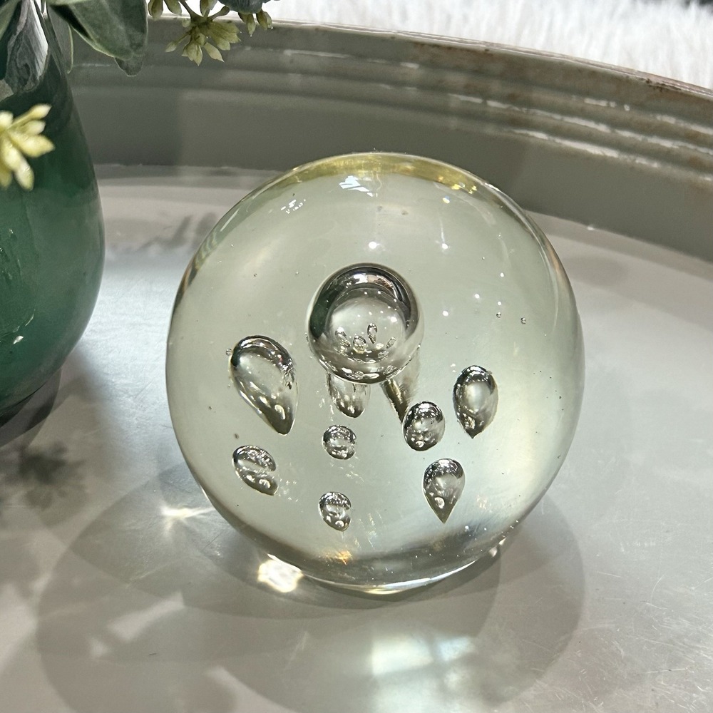 Vintage Paperweight Art Glass Sphere with Controlled Bubbles Clear & White